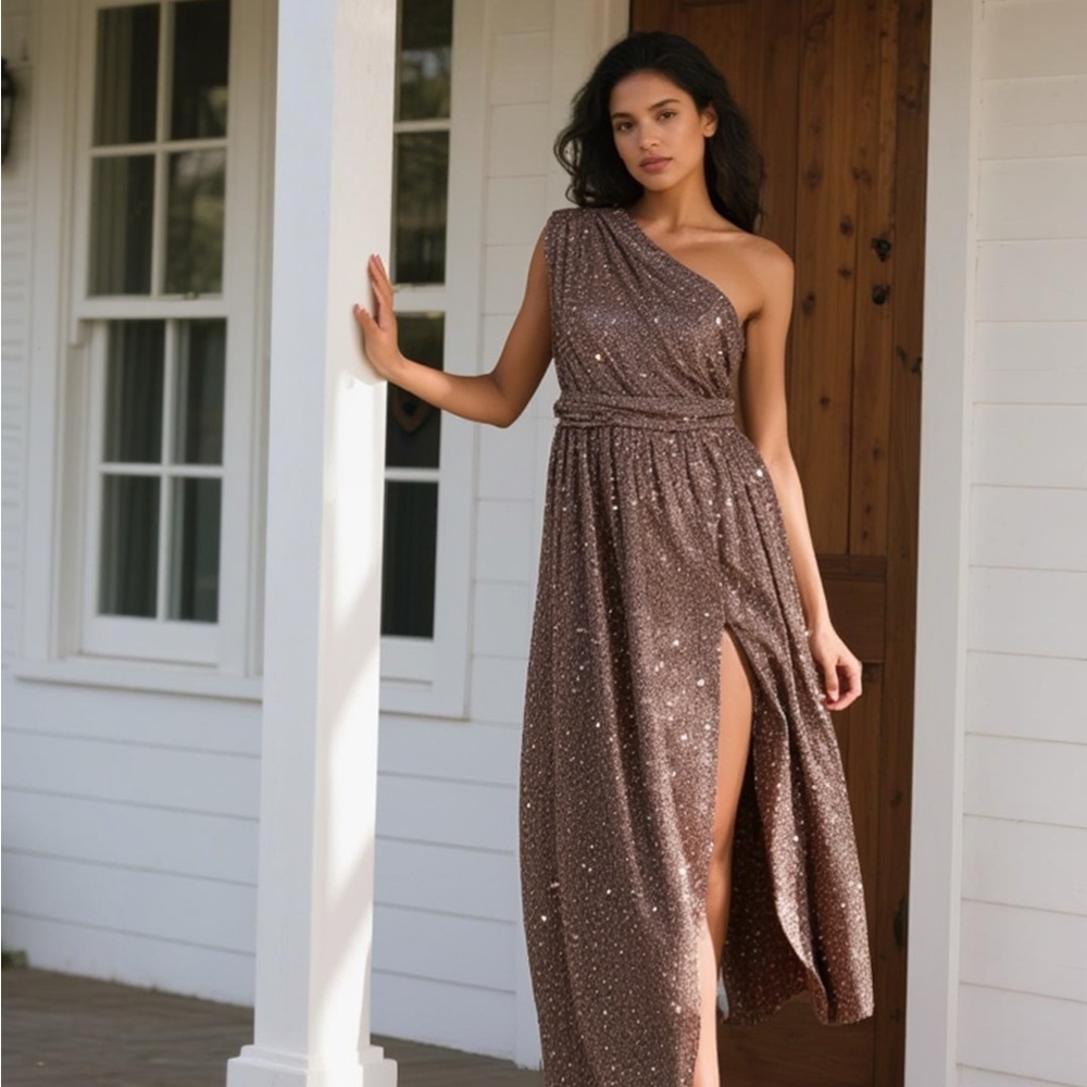 Rose Gold Sequin One Shoulder Formal Gown w/ Slit size Large